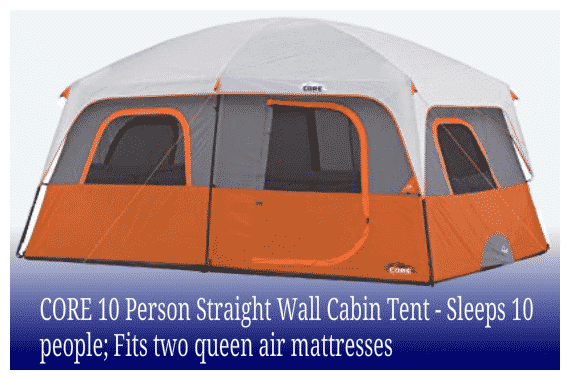 CORE 10 Person Straight Wall Cabin Tent - Sleeps 10 people; Fits two queen air mattresses