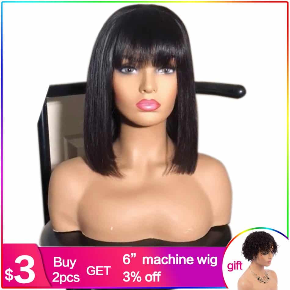 Luffy Straight Short Bob Lace Front Human Hair Wigs With Bangs Natural Color Indian Non-Remy Hair 130 Denisty Bob Wigs For Women