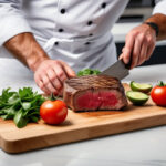 Well dressed chef expertly slicing a perfectly cooked steak on a clean wooden cutting board in a modern kitchen