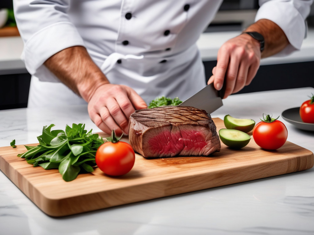 Well dressed chef expertly slicing a perfectly cooked steak on a clean wooden cutting board in a modern kitchen