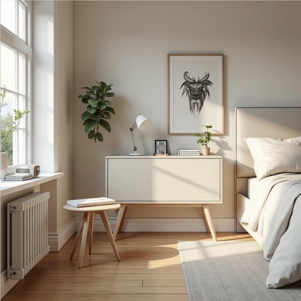 Minimalist bedroom with natural light.