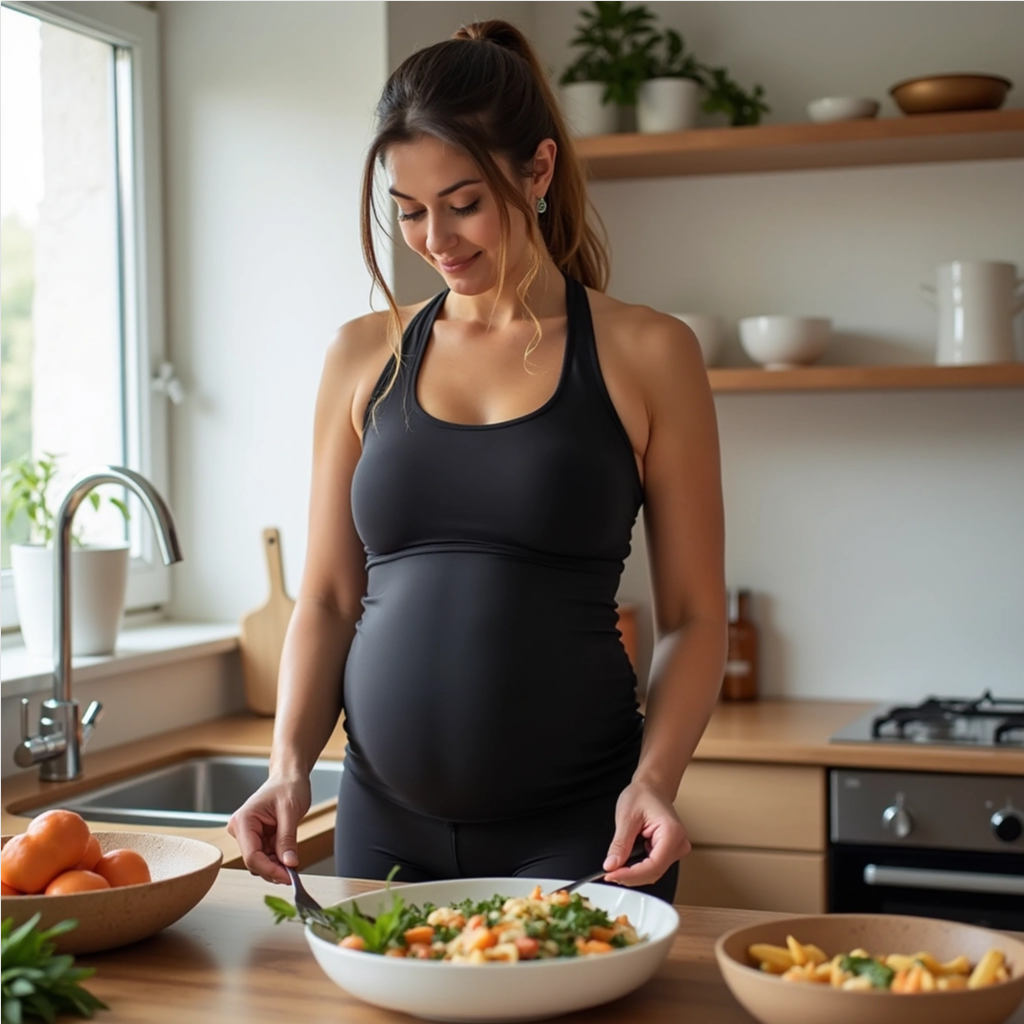 Pregnant woman cooking in kitchen.