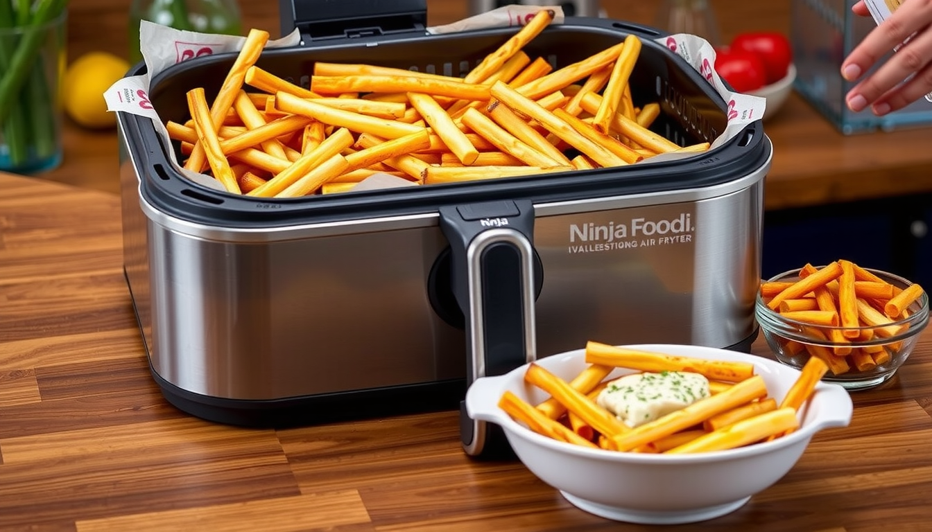 Air fryer filled with golden fries