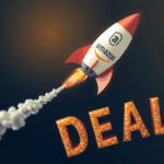 Rocket launching with Amazon deals text.