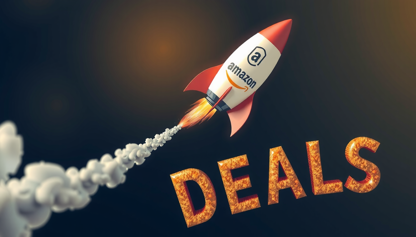 Rocket launching with Amazon deals text.