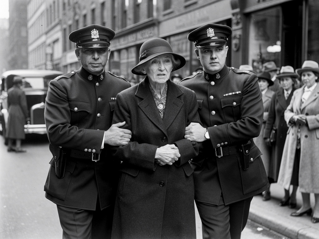 Two officers escorting an elderly woman