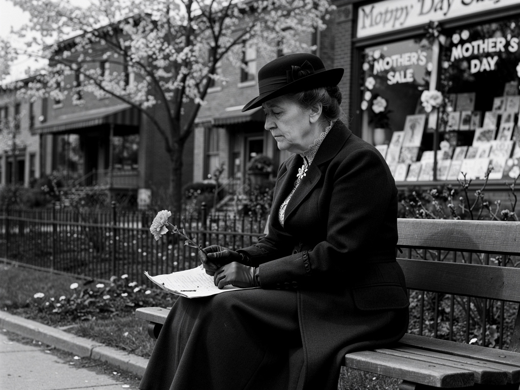 Woman sitting on bench with flower